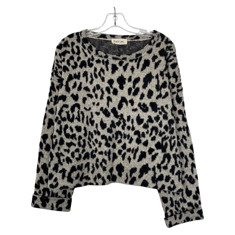 Fuzzy Animal Print Cropped Sweater L Leopard Drop Shoulder Boxy Pullover Indie